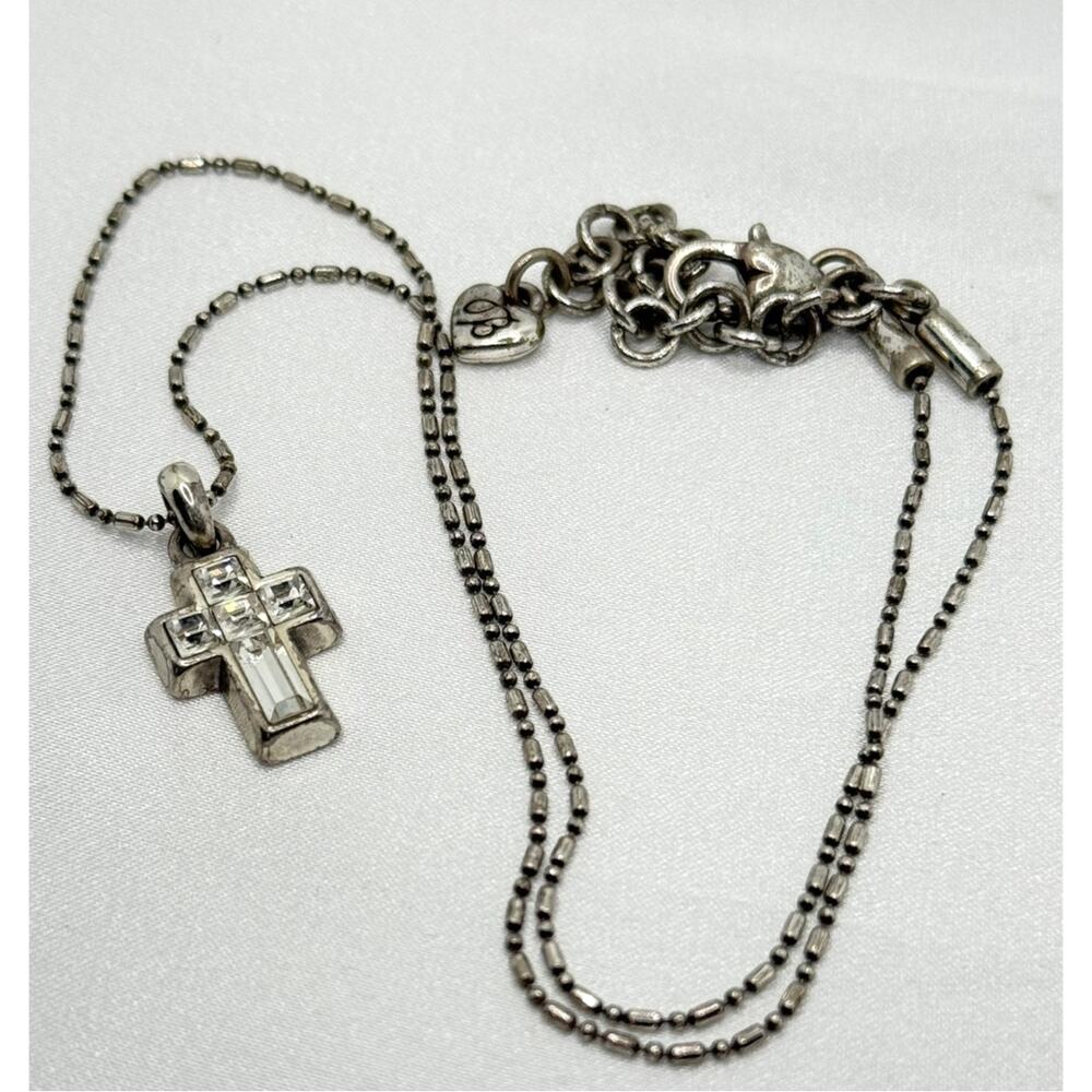 Brighton Crystal Cross Pendant Bar Bead Chain Necklace 16-18" Silver Plated - Picture 2 of 8